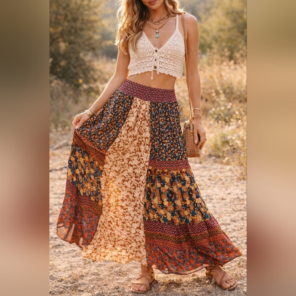 Natural Life Rust Multi Patchwork Boho Maxi Skirt - Picture 3 of 7
